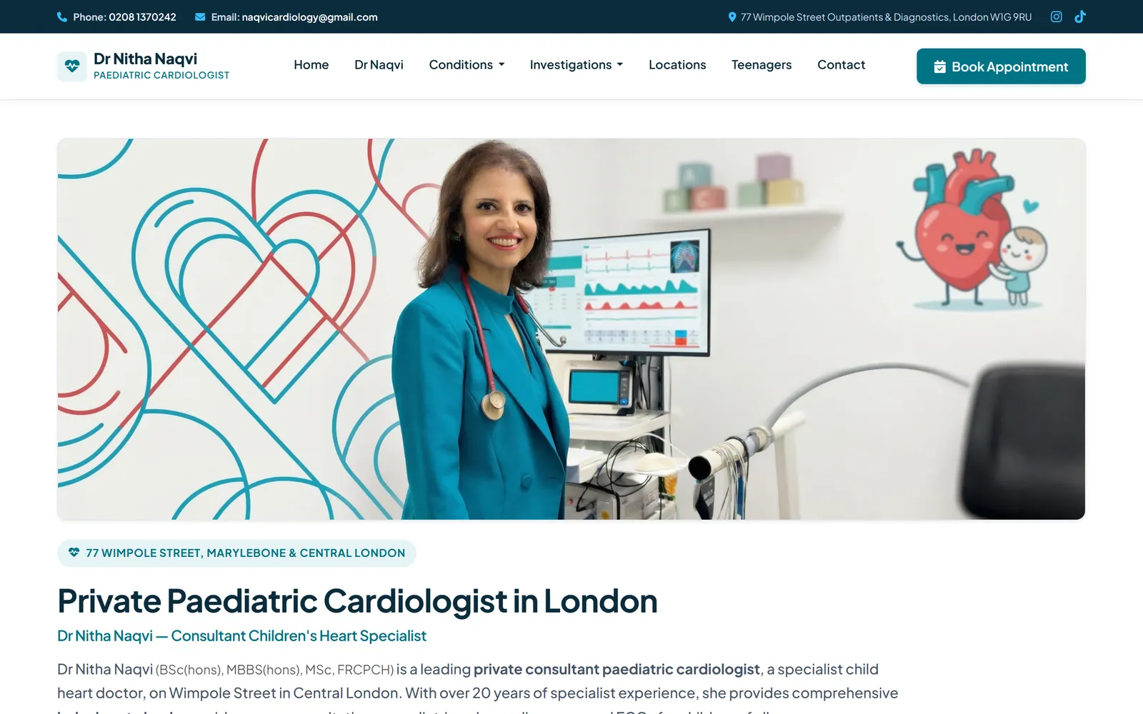 The home page of Dr Nitha Naqvi's paediatric cardiology website, headed "Private Paediatric Cardiologist in London", with the consultant pictured in her clinic and the Wimpole Street location below