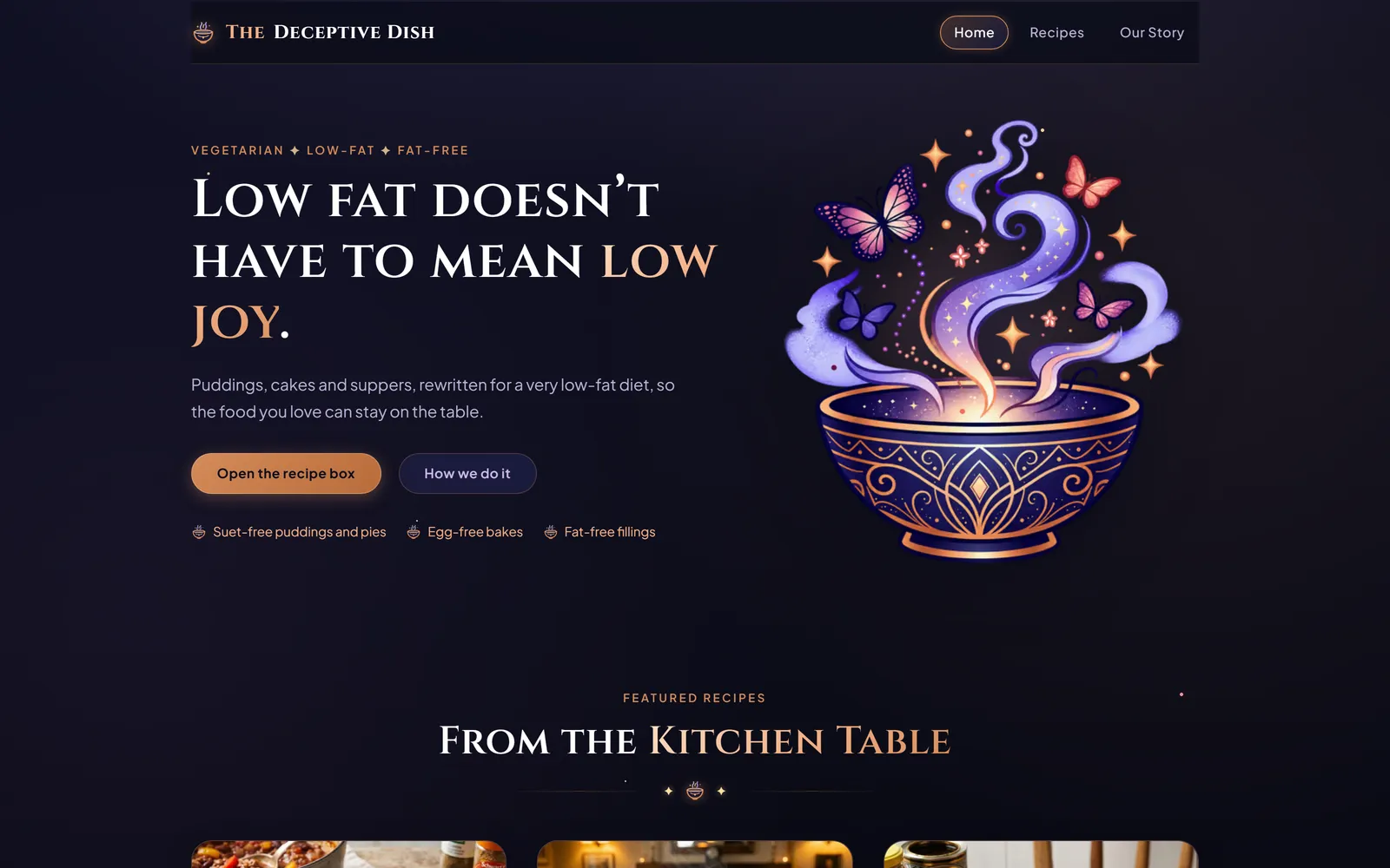 The Deceptive Dish home page on a near-black blue background, with the headline "Low fat doesn't have to mean low joy" in cream and copper lettering, beside an illustration of a gold-patterned bowl with violet steam rising from it