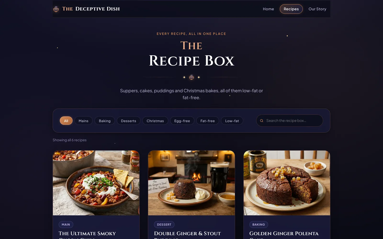 The Recipe Box page, showing the category filter buttons, a search field and recipe cards with photographs and category labels