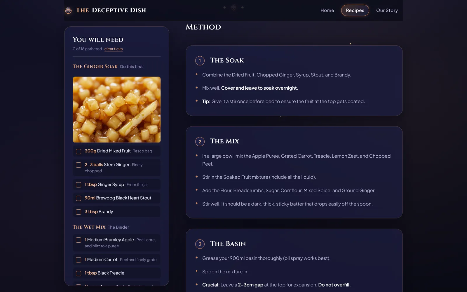 An individual recipe page, showing the tickable ingredients list on the left and the numbered method steps on the right