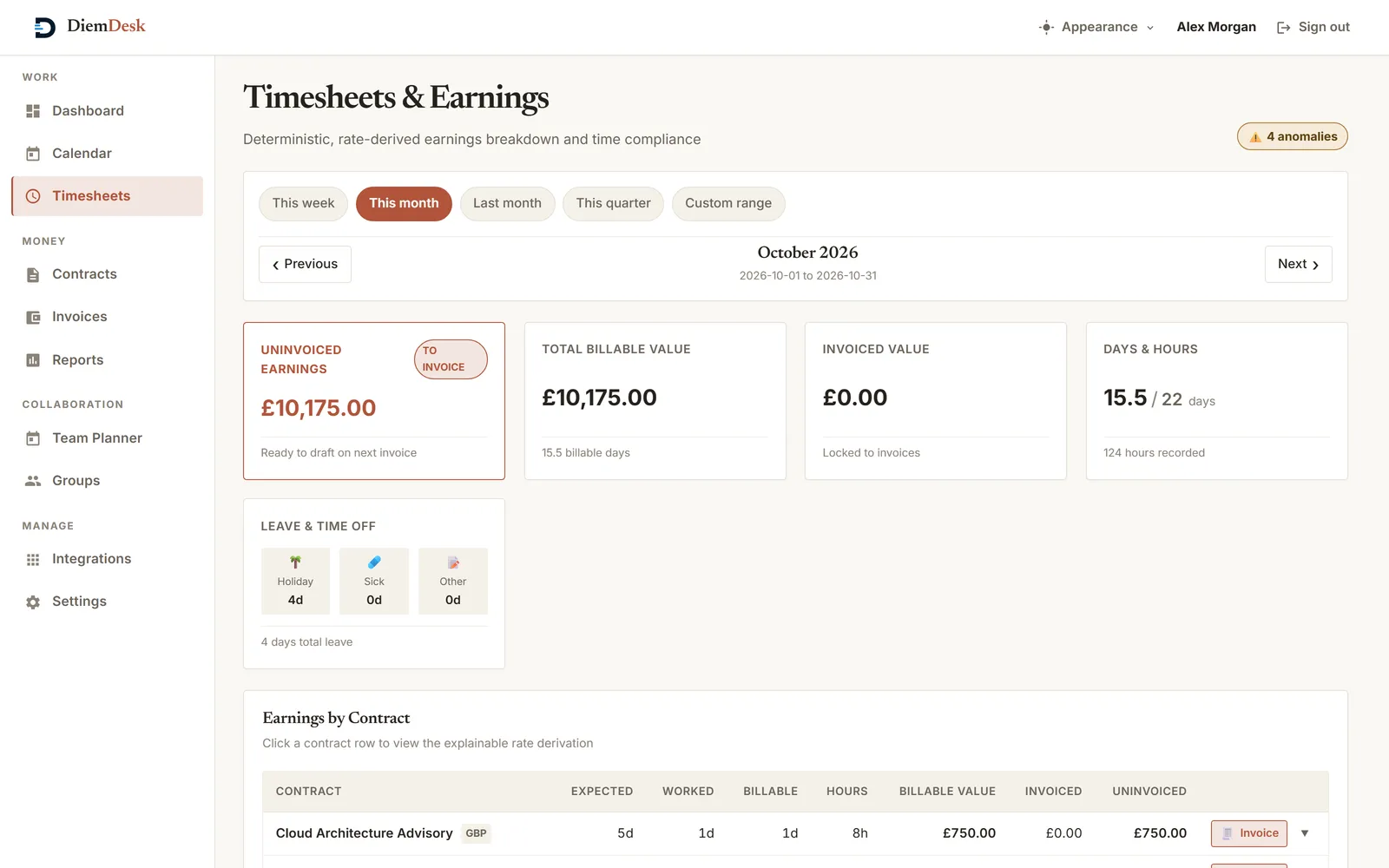 The Timesheets and Earnings screen, showing earnings by contract and flagged anomalies