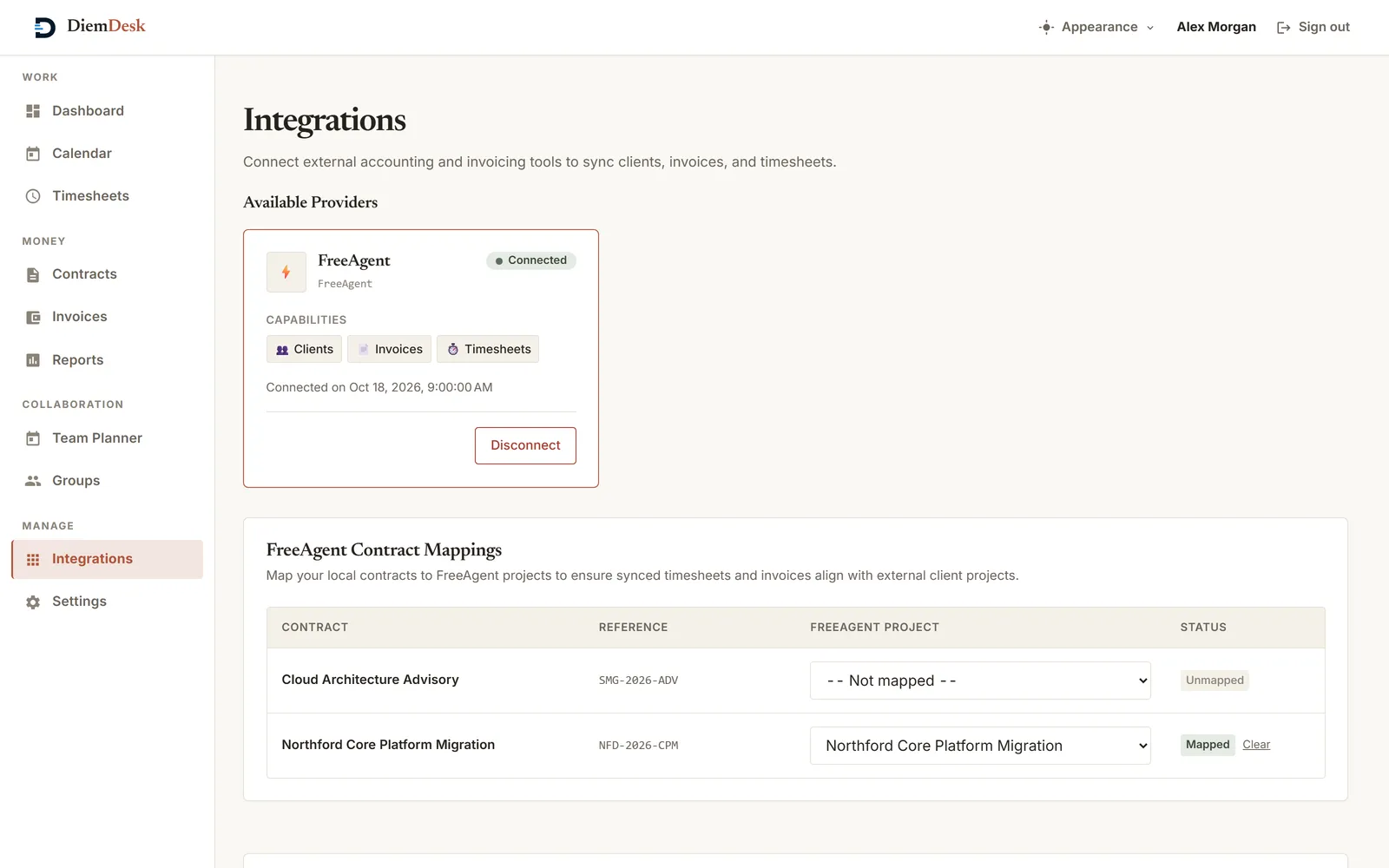 The Integrations screen, showing a connected FreeAgent account and contract-to-project mapping