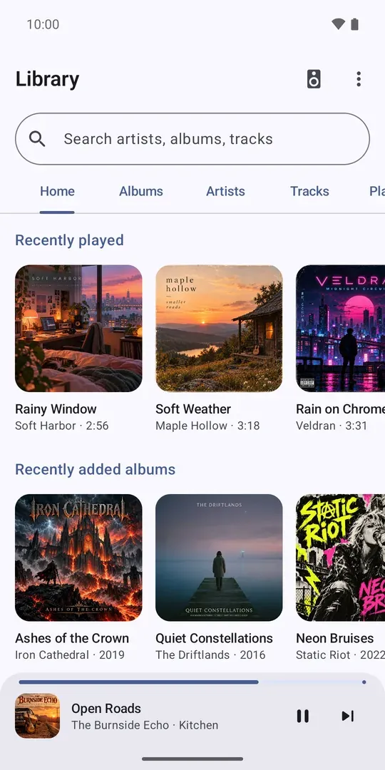 MAestro home screen displaying recently played albums, suggestions, and library shortcuts