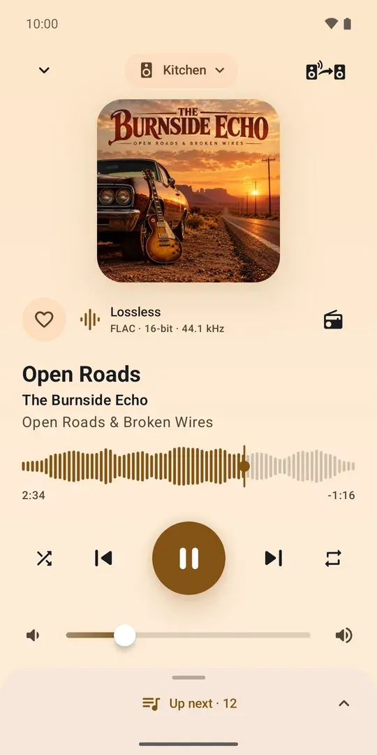 MAestro now playing screen with album artwork, waveform seek bar, and transport controls