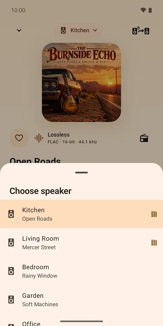 MAestro speaker selector screen showing active playback across household rooms