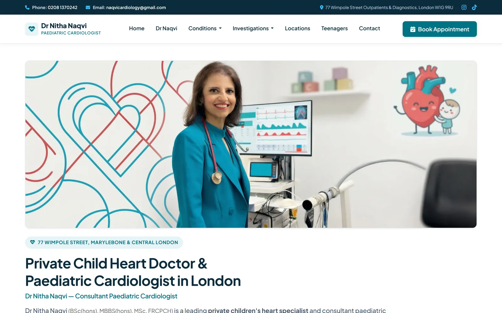 The My Child Heart Doctor home page, showing the consultant introduction and practice location