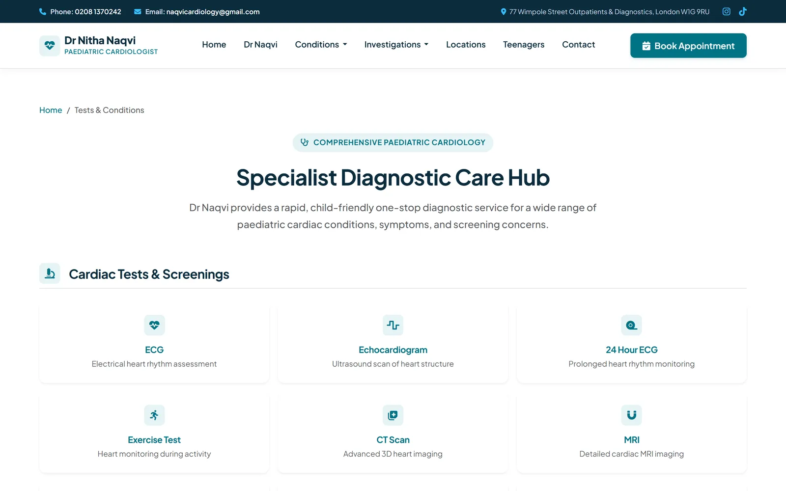 The tests and conditions page of the My Child Heart Doctor website