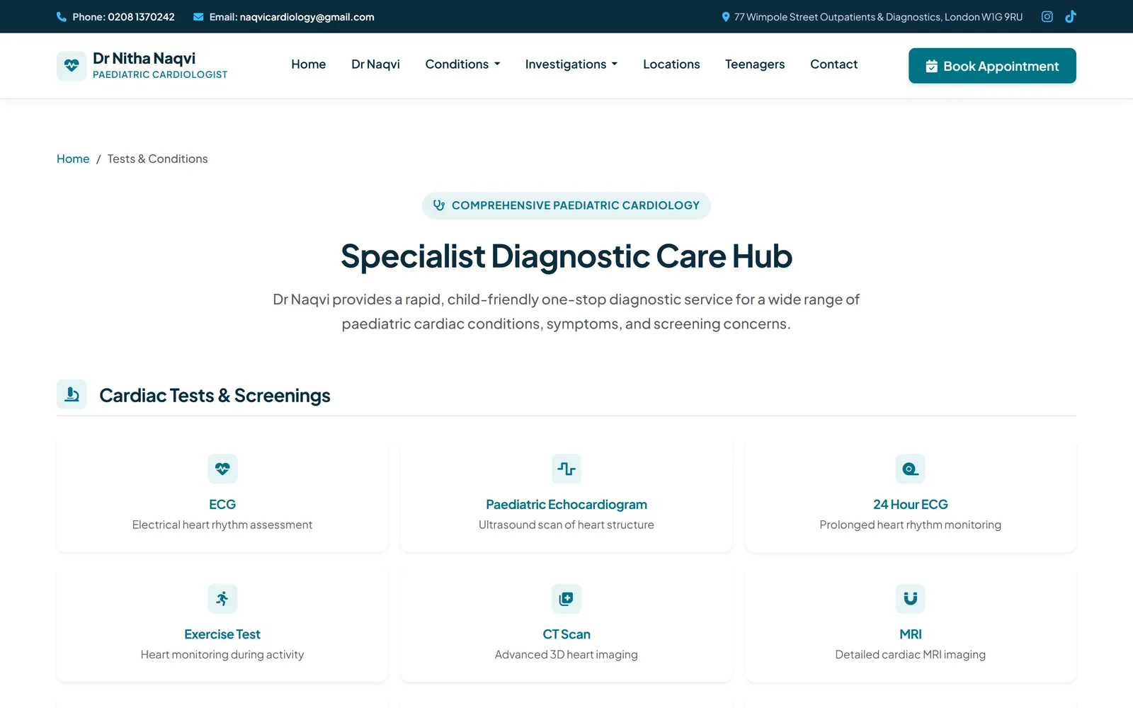 The tests and conditions page, headed "Specialist Diagnostic Care Hub", listing cardiac tests and screenings as a grid of cards