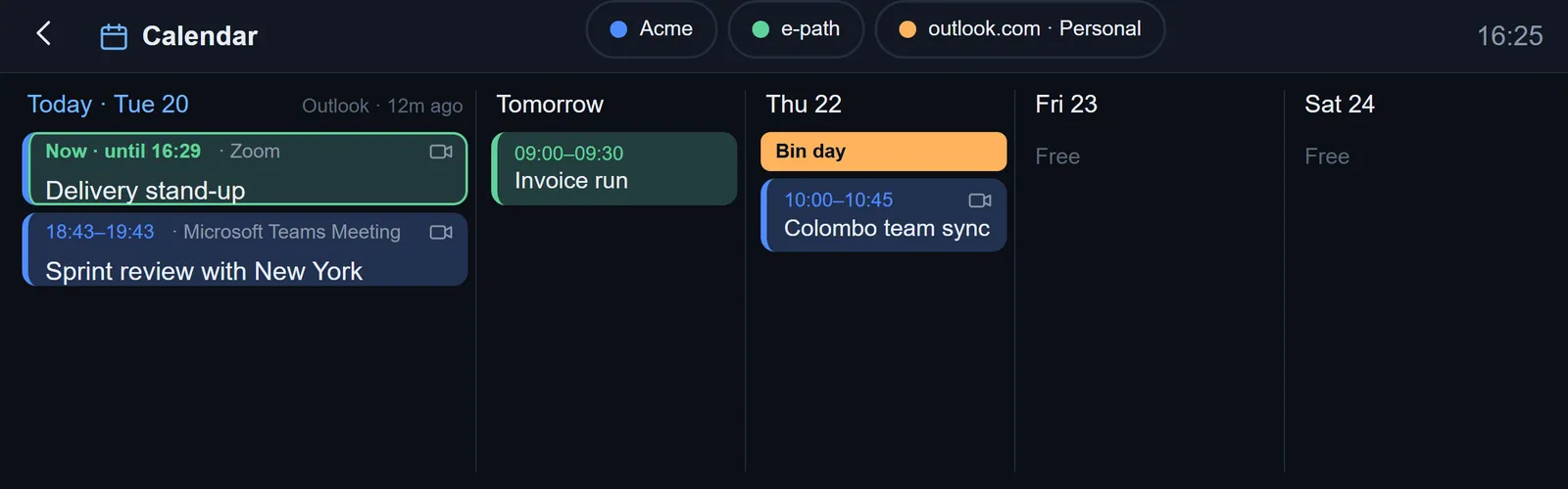 The calendar screen, showing three accounts and five days across, with meetings, their joining platform, and days marked free