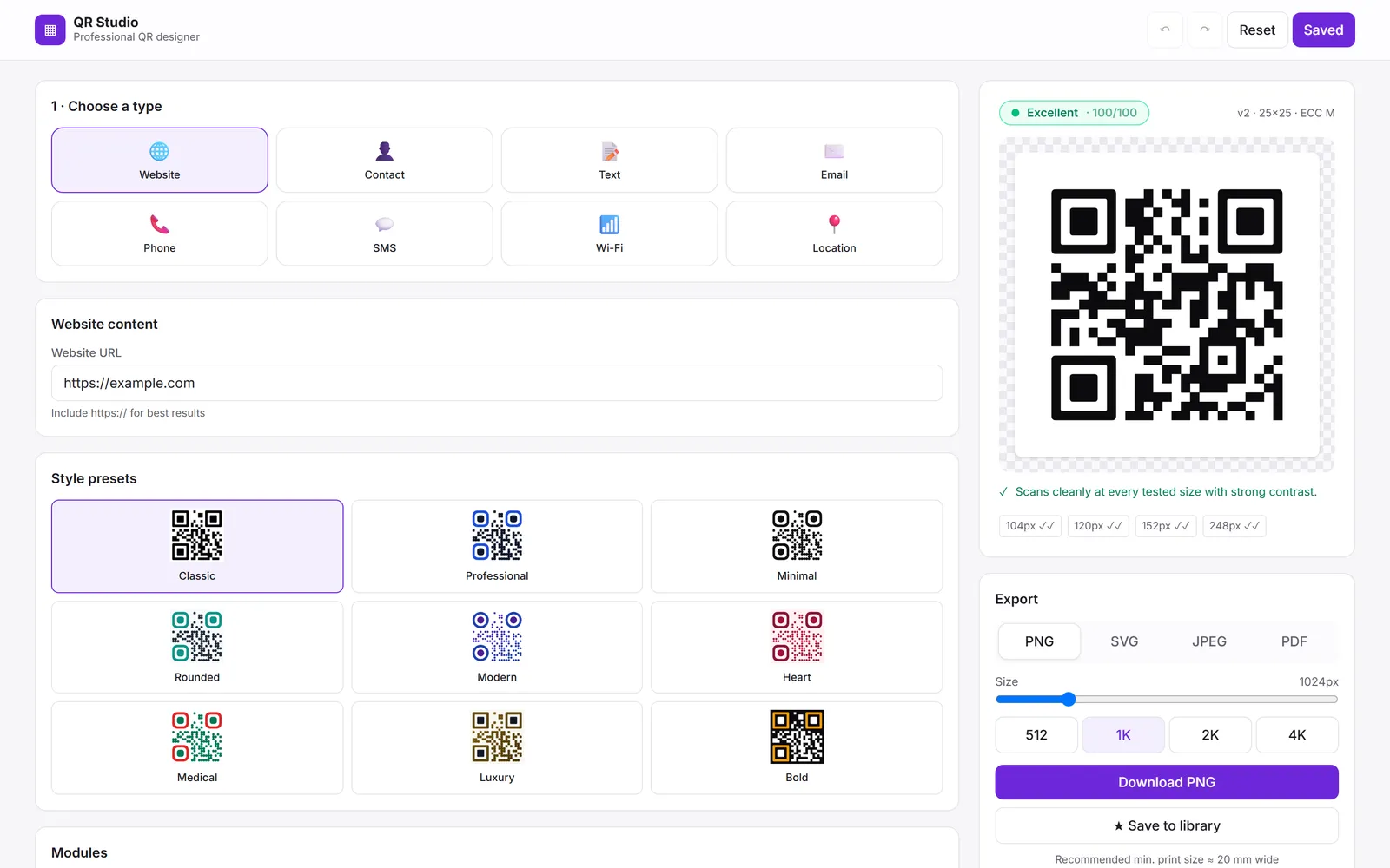 The QR Studio interface, showing type selection, style presets and a live preview with a scannability rating