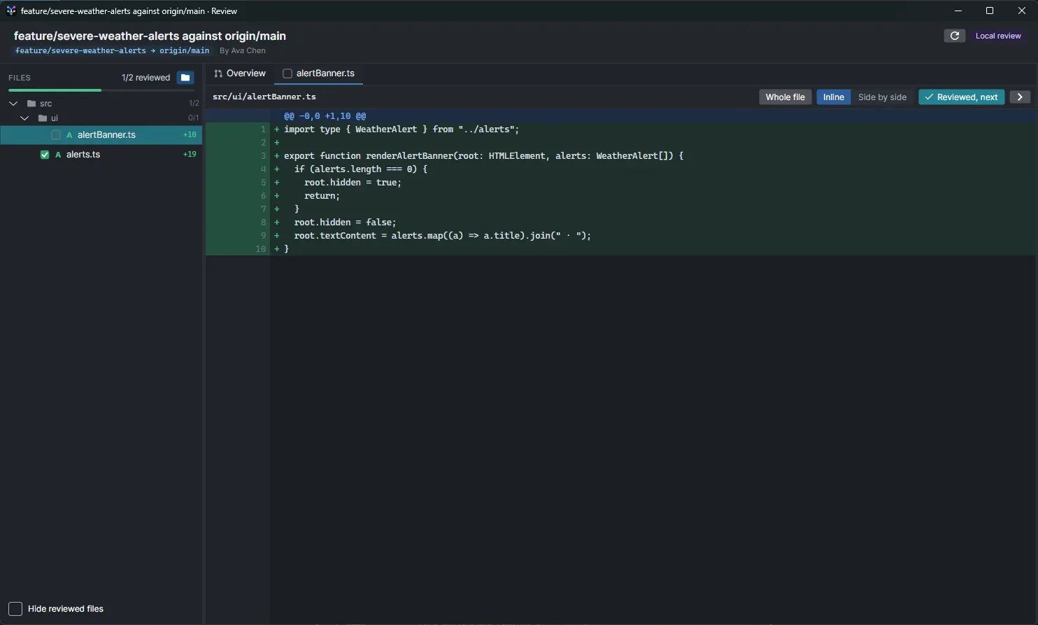Total Git code review window with file tree, reviewed checklists, and diff view