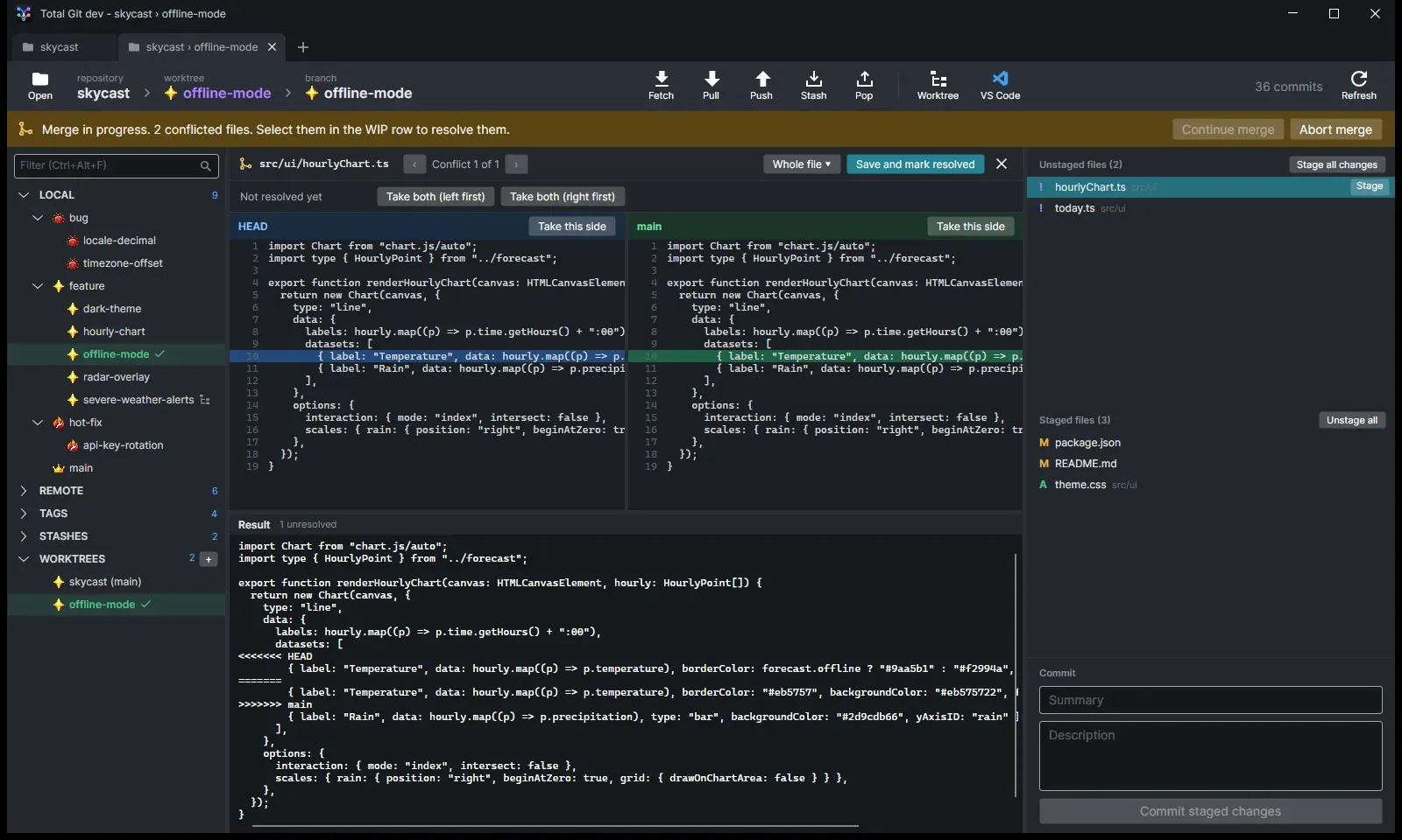 Total Git 3-pane visual merge tool showing conflict resolution